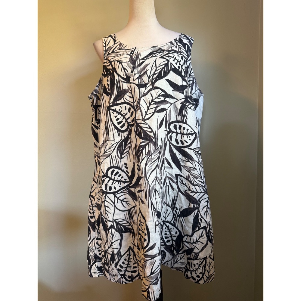 Tahari Linen Tropical  Sleeveless Shift Dress Black White 1X boho resort beach